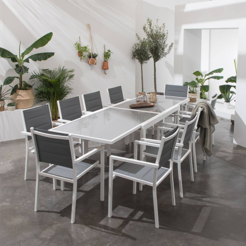 Salon de jardin LAMPEDUSA extensible en textilène gris 10 places - aluminium blanc