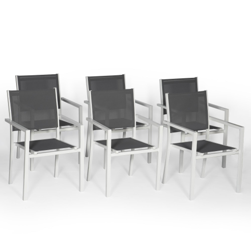 Lot de 6 chaises en aluminium blanc - textilène gris