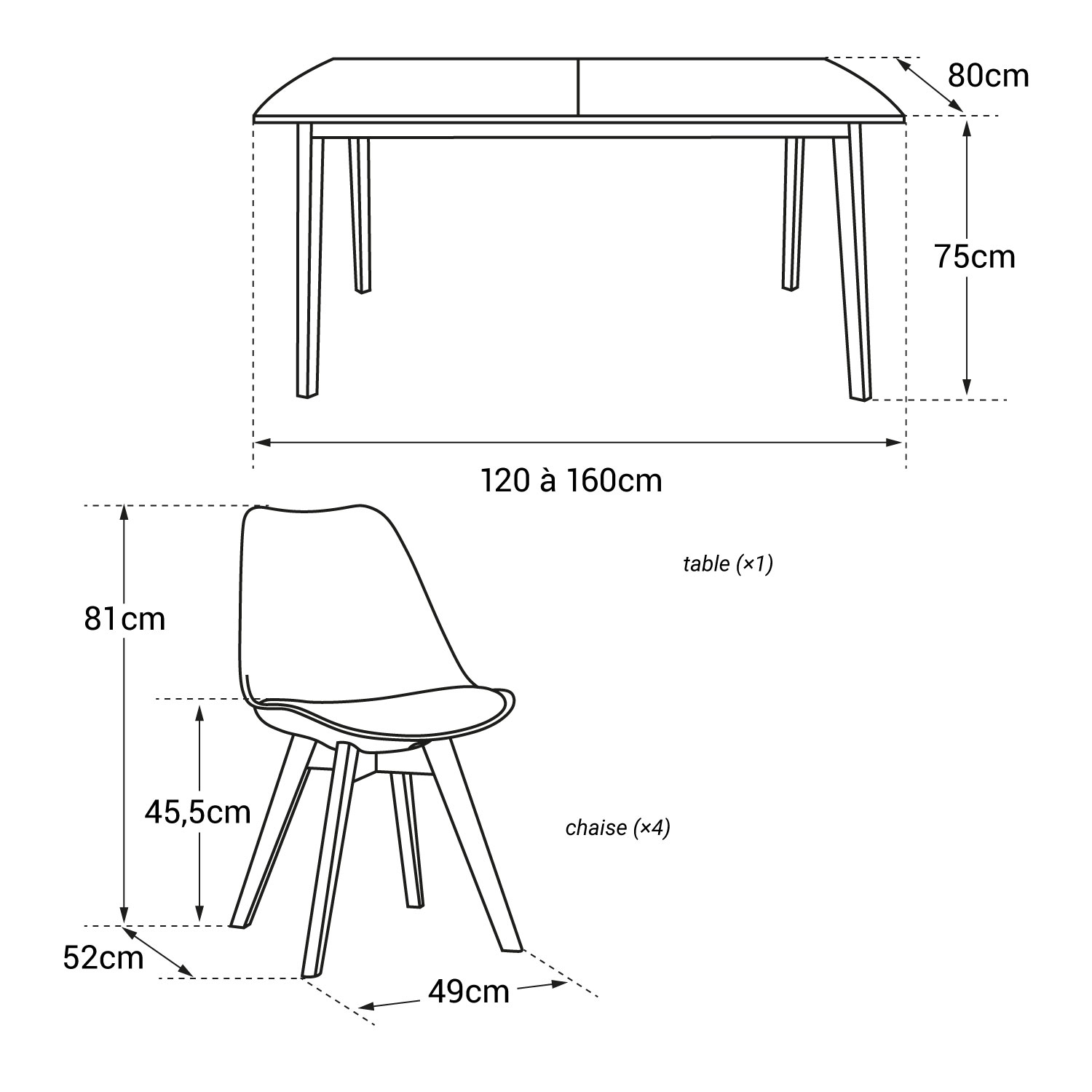 Ensemble table extensible 120/160cm HELGA et 4 chaises NORA noir