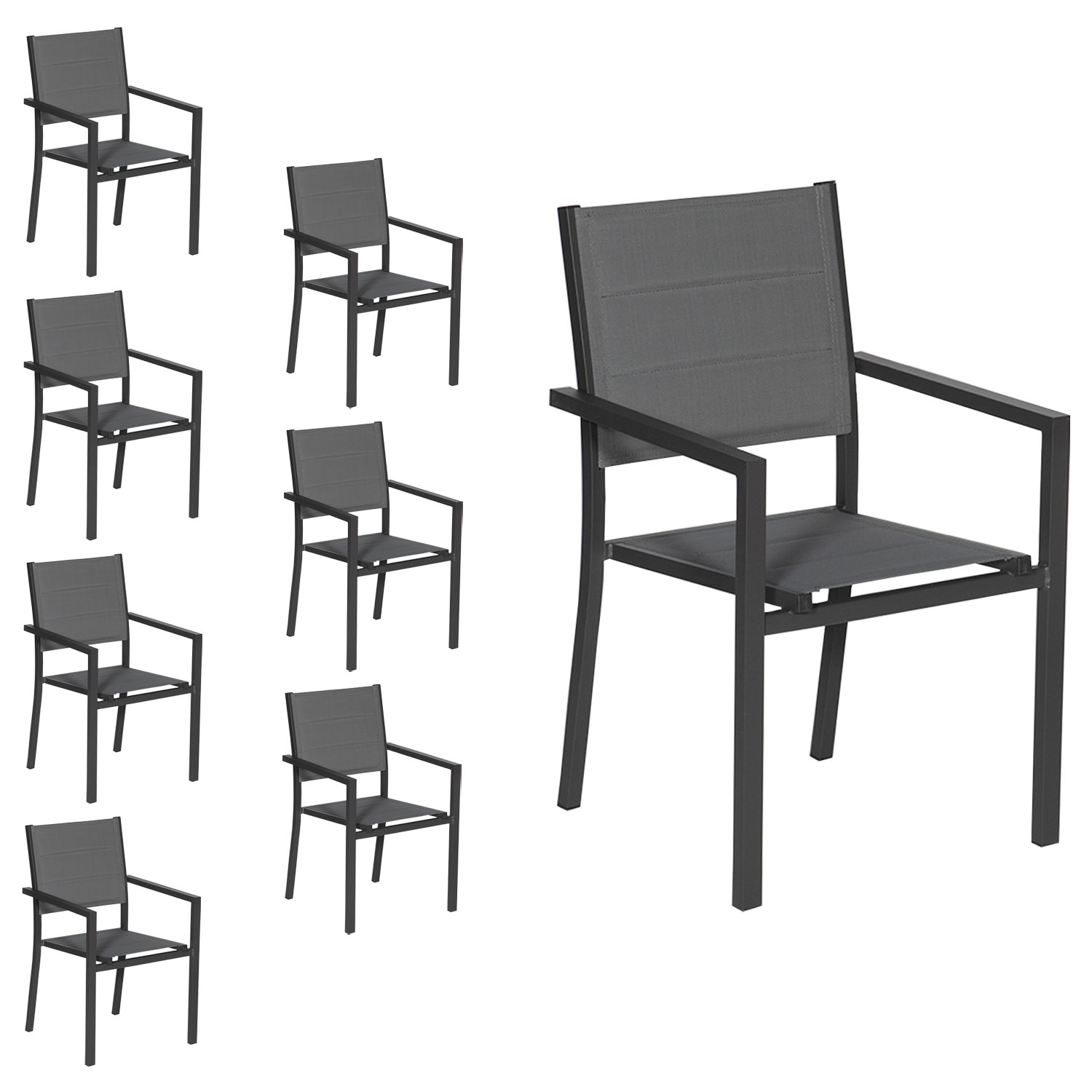 Lot de 8 chaises empilables en aluminium textilène gris antracite OSAKA