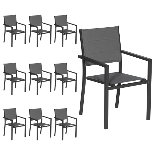 Lot de 10 chaises rembourrées en aluminium anthracite - textilène gris
