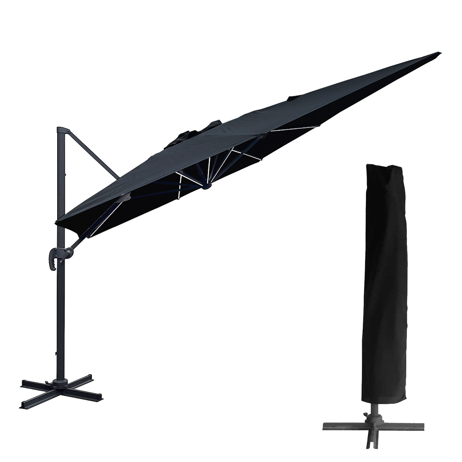 Parasol déporté MOLOKAI rectangulaire LED 3x4m noir + housse