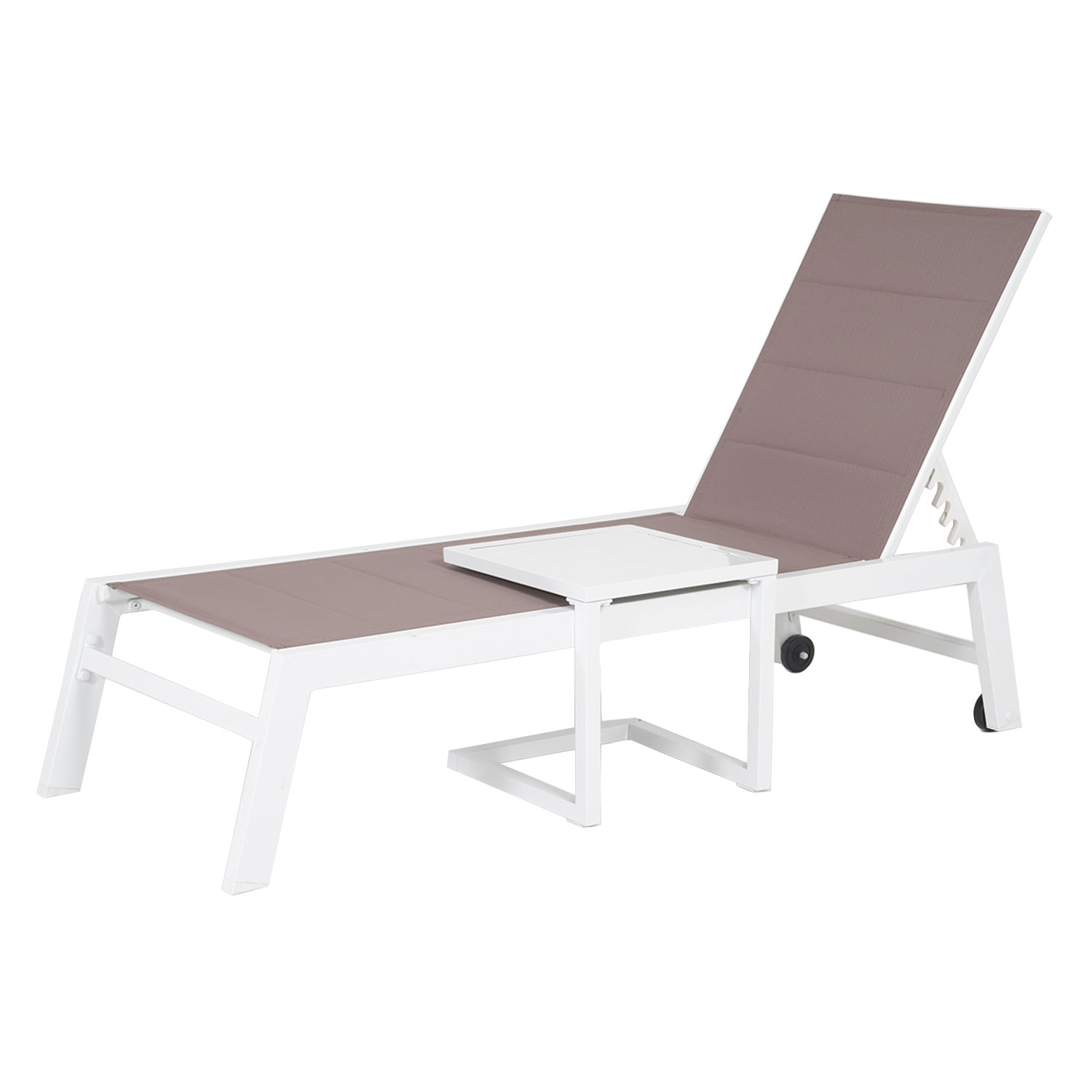 Set bain de soleil et table d'appoint BARBADOS en textilène taupe - aluminium blanc