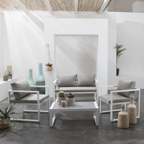 Salon de jardin IBIZA en tissu gris 4 places - aluminium blanc