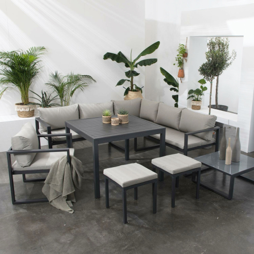 Salon de jardin modulable IBIZA en tissu gris 7 places - aluminium anthracite