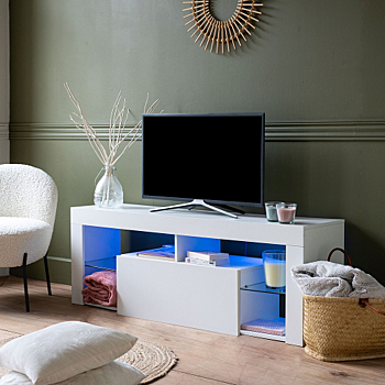 Meuble TV 140cm blanc à LED DARYL