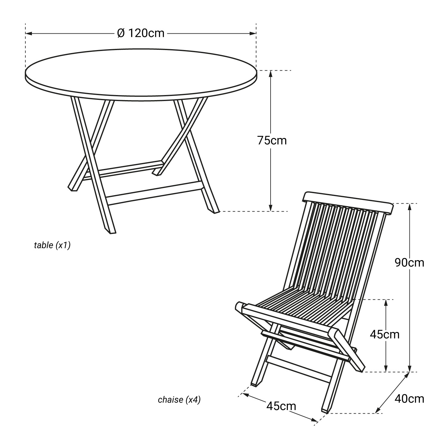 Salon de jardin en teck LOMBOK - table ronde pliable 120cm - 4 places