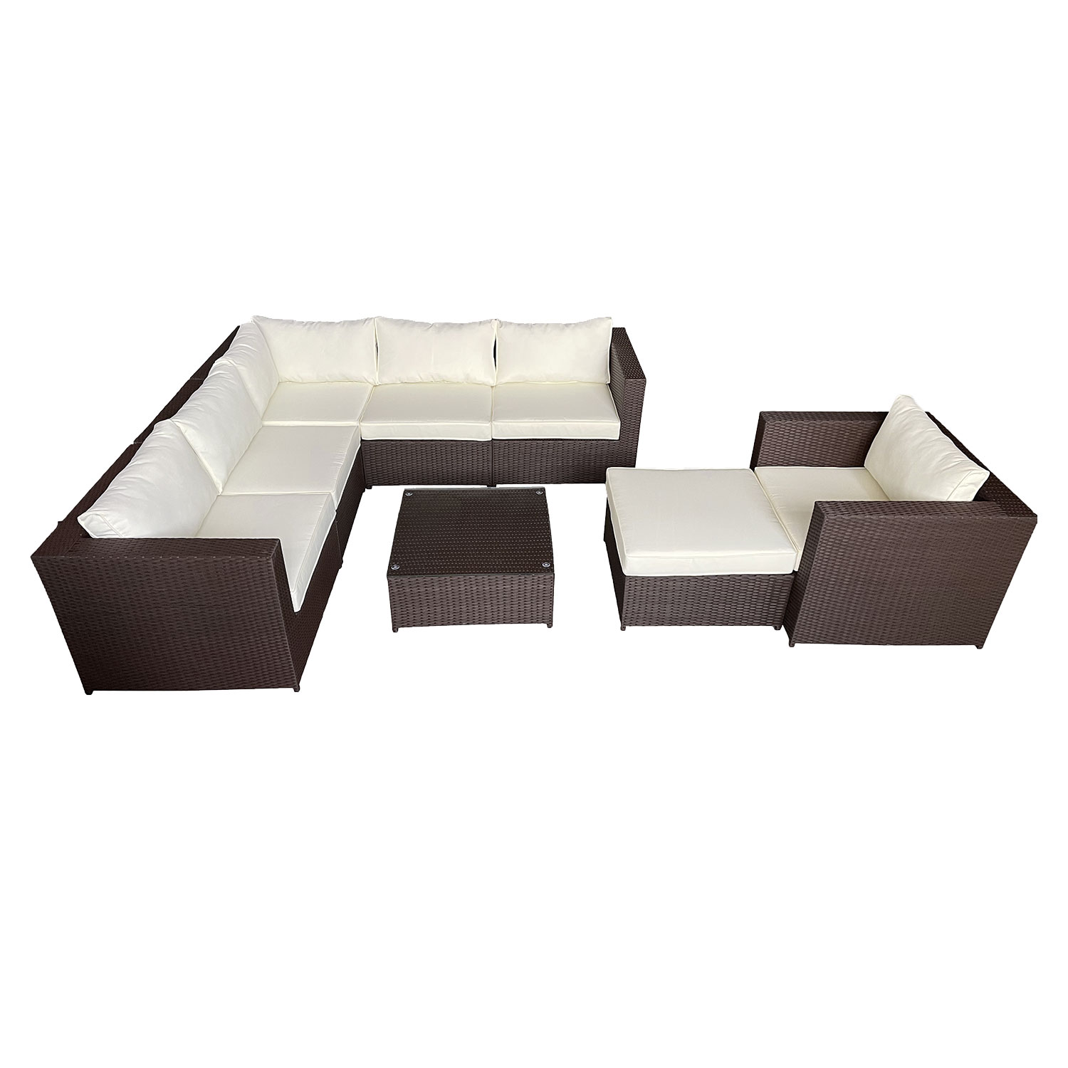 Mueble de jardín de resina tejida marrón CARGÈSE 7 asientos - cojines crema