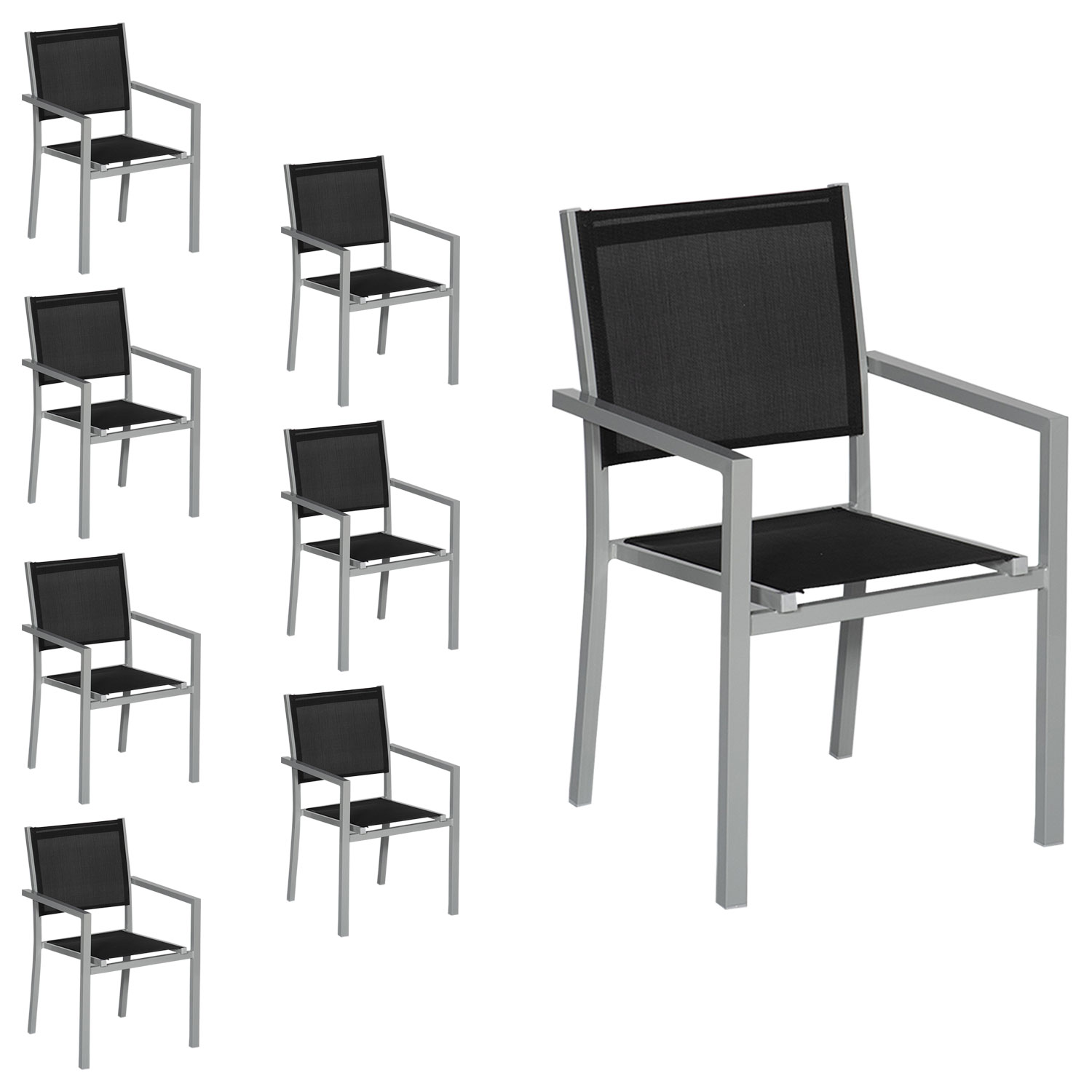 Lot de 8 chaises en aluminium gris - textilène noir