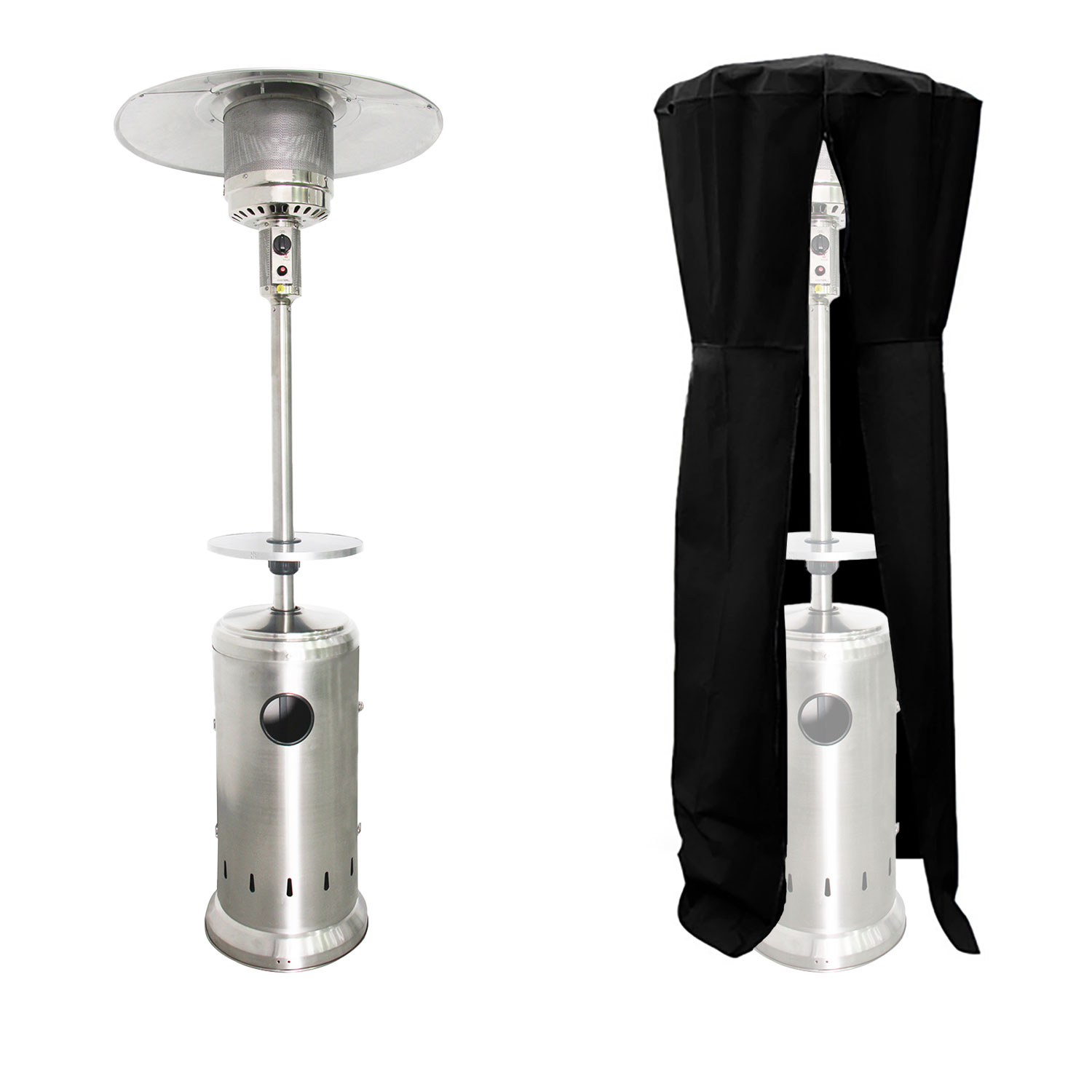 Parasol chauffant OSLO - chauffage d’extérieur gaz - acier inox + housse et table