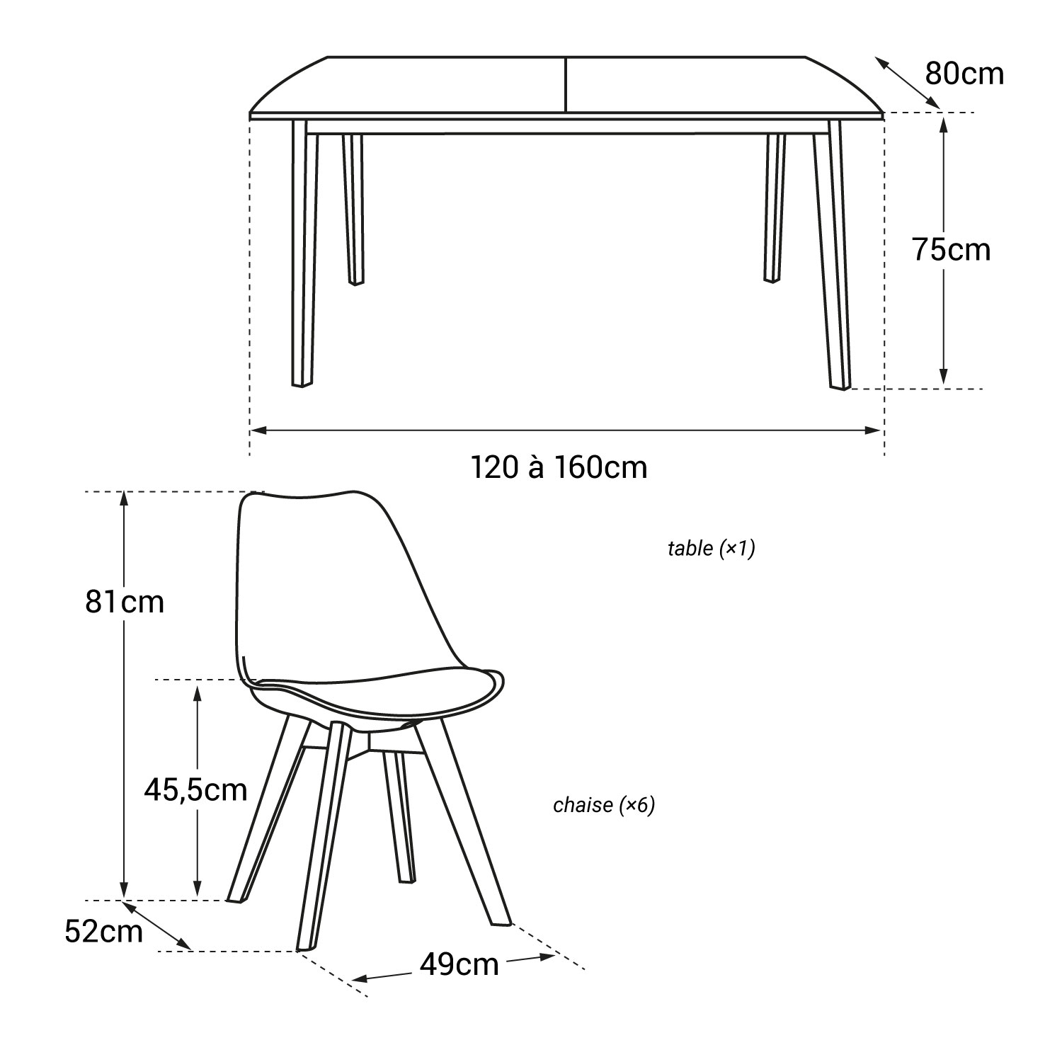Ensemble table extensible 120/160cm HELGA et 6 chaises NORA noir