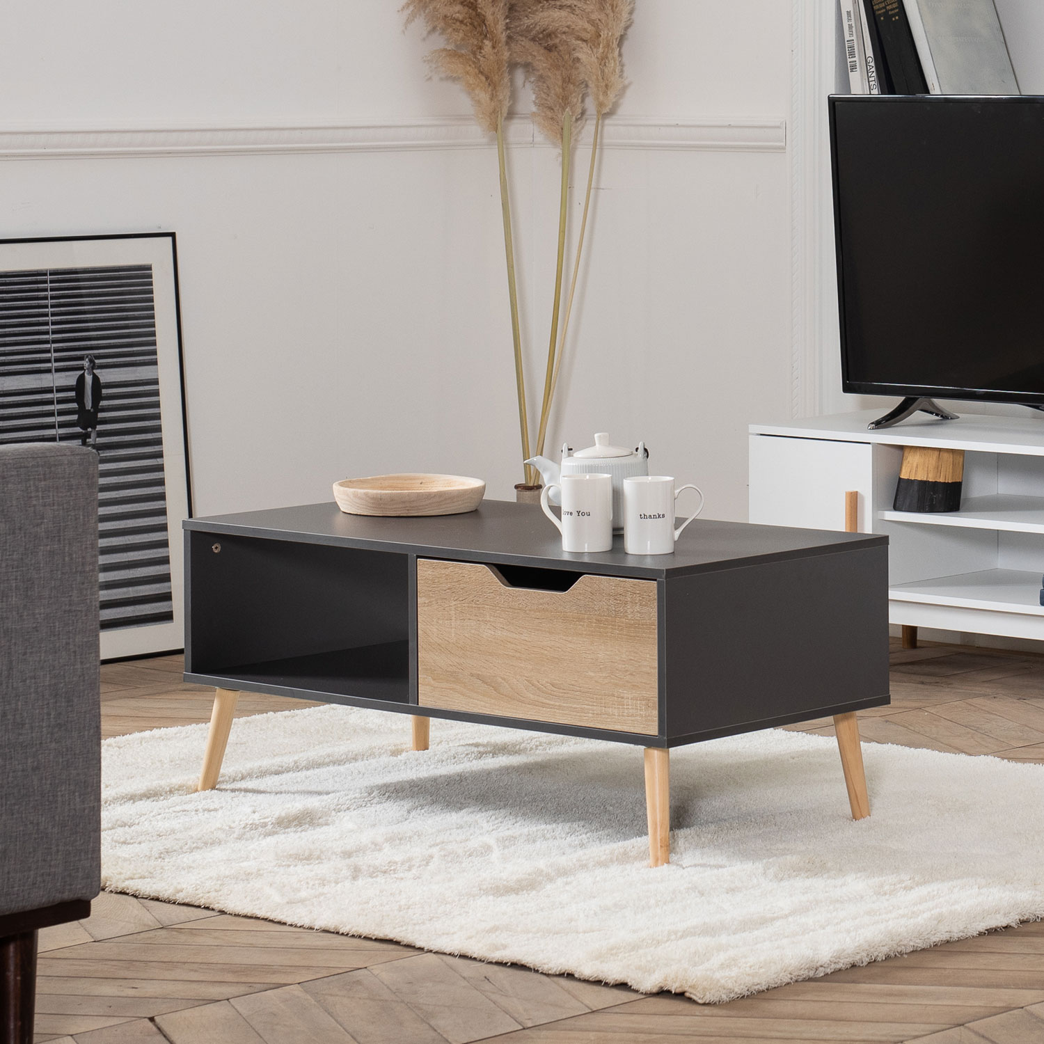 FREJA mesa baja gris de estilo escandinavo con cajón
