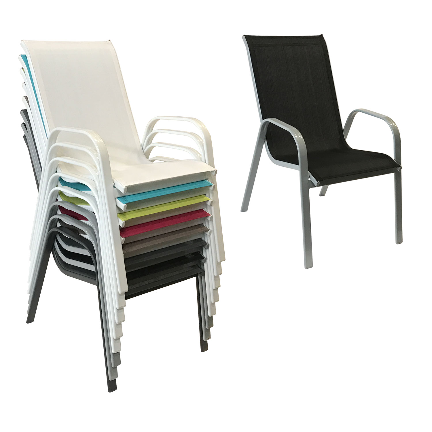 Lote de 6 sillas MARBELLA en textilene negro - aluminio gris