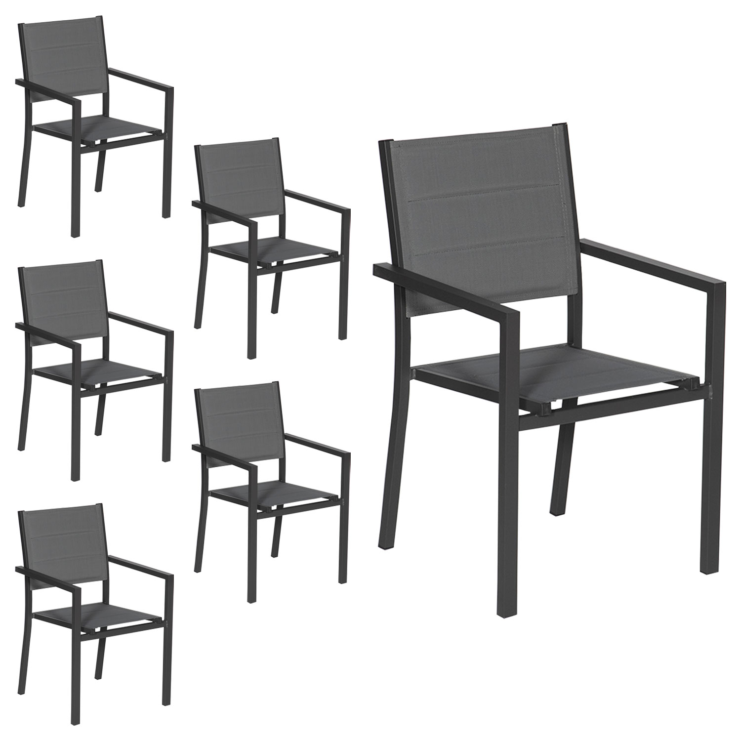 Juego de 6 sillas tapizadas de aluminio antracita - textileno gris