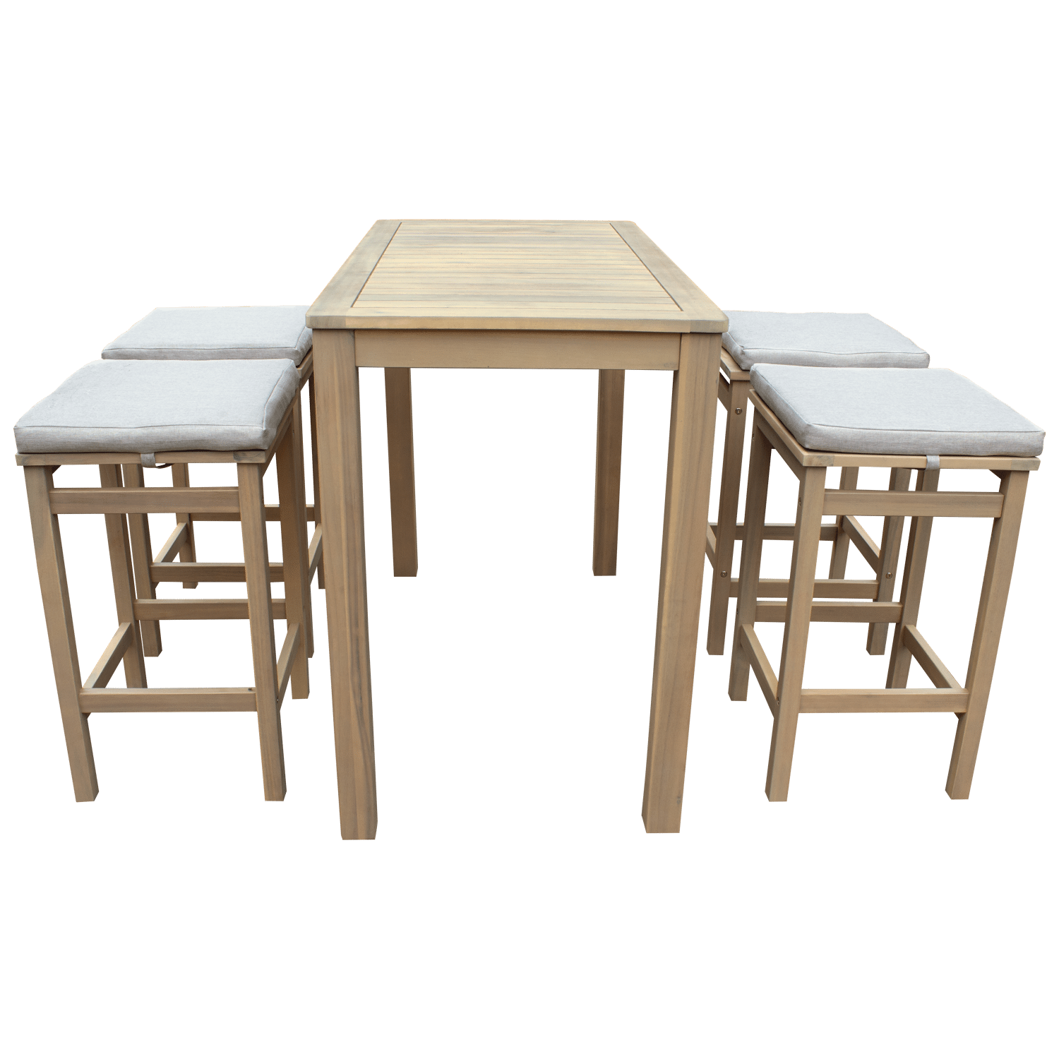 Conjunto de mesa alta y 4 taburetes ARUBA 4 plazas de acacia - cojines de arena