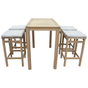 Conjunto de mesa alta y 4 taburetes ARUBA 4 plazas de acacia - cojines de arena