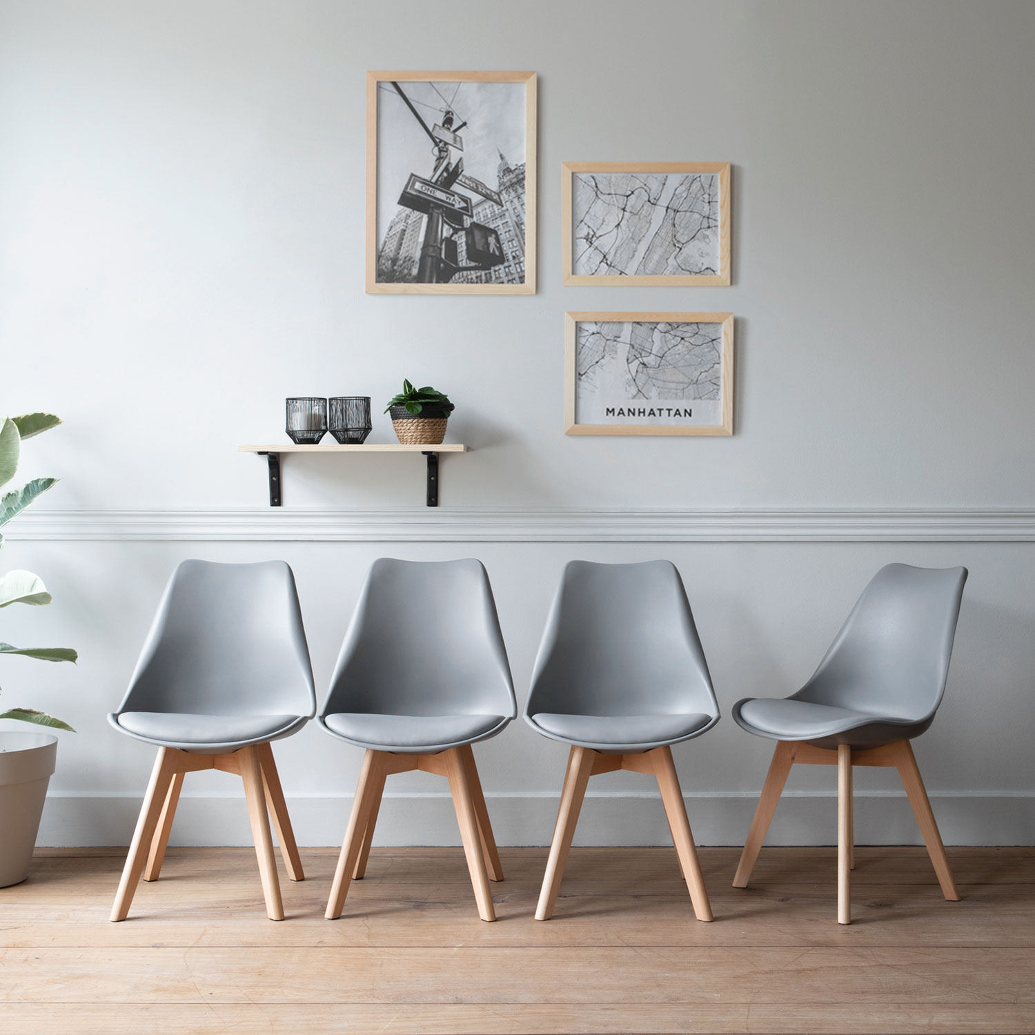 Lote de 4 sillas escandinavas NORA color gris con cojín