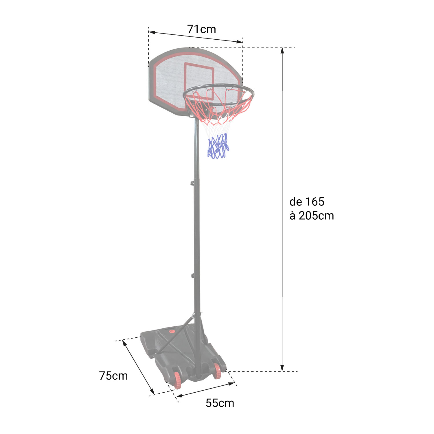 Panier de basket-ball ajustable 165 à 205cm