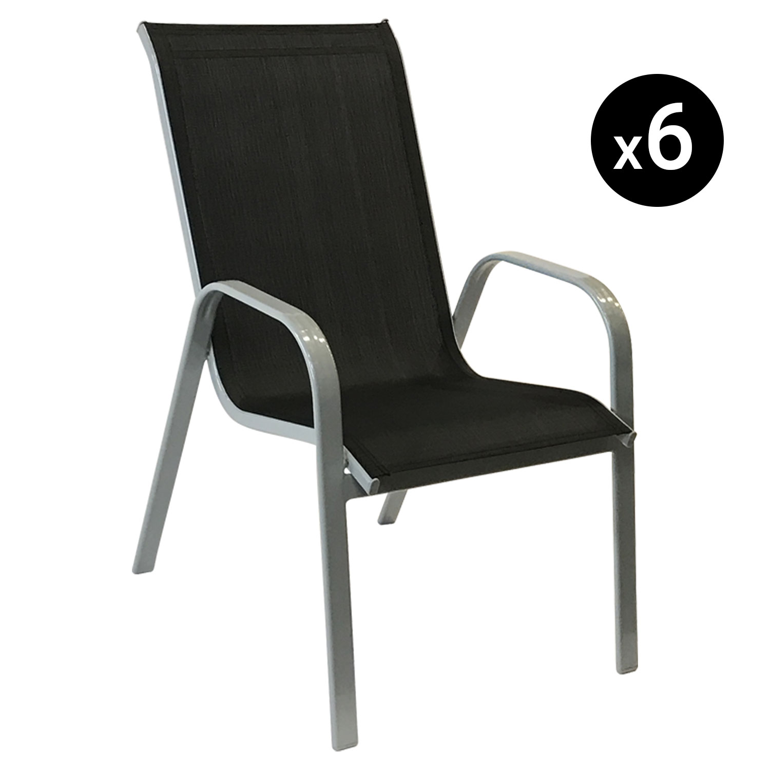 Lote de 6 sillas MARBELLA en textilene negro - aluminio gris