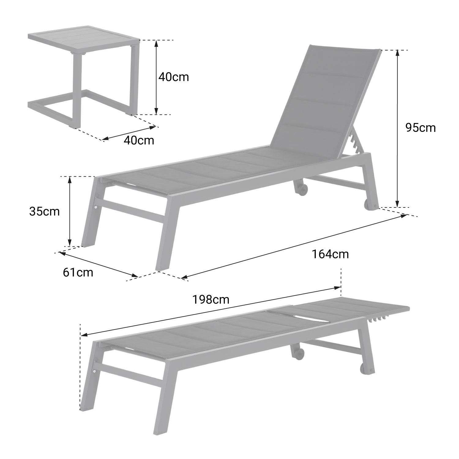 Conjunto de tumbona y mesa auxiliar BARBADOS de textileno gris - aluminio blanco