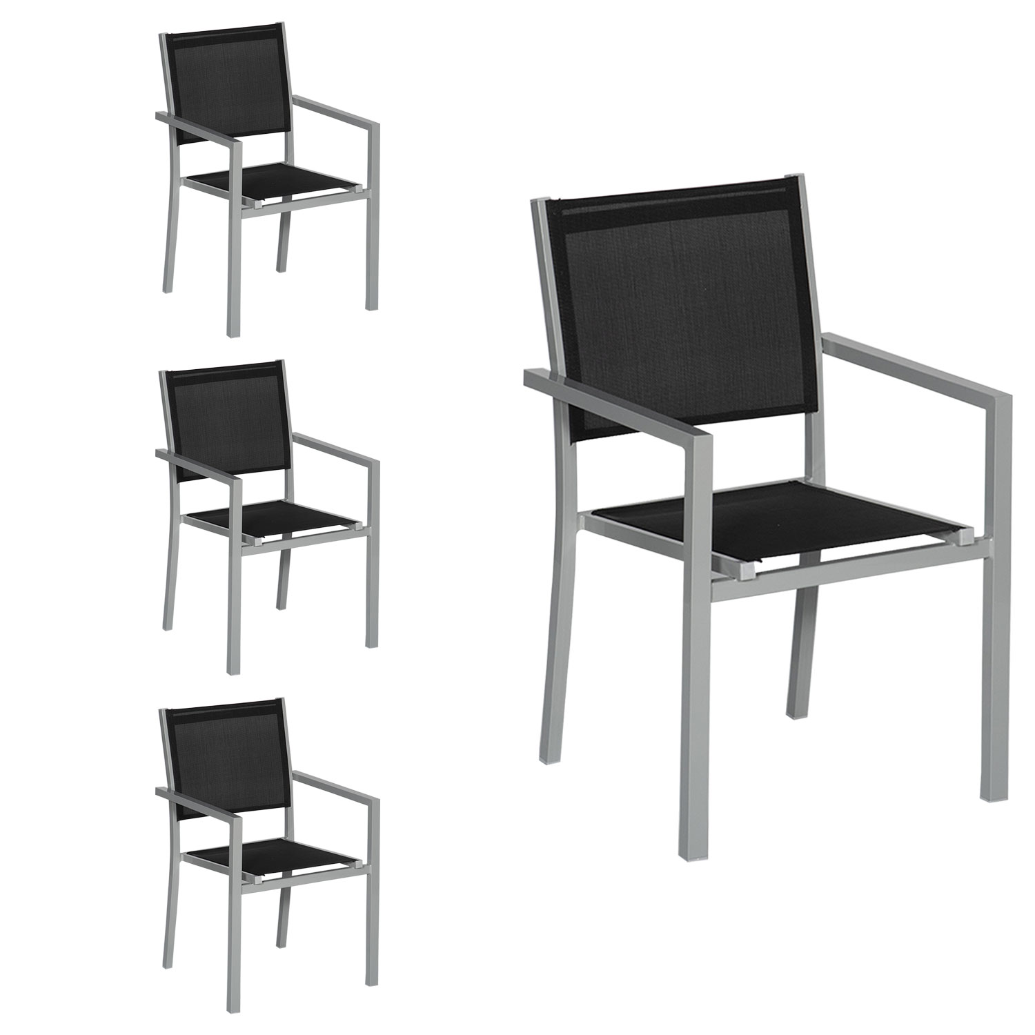 Lot de 4 chaises en aluminium gris - textilène noir