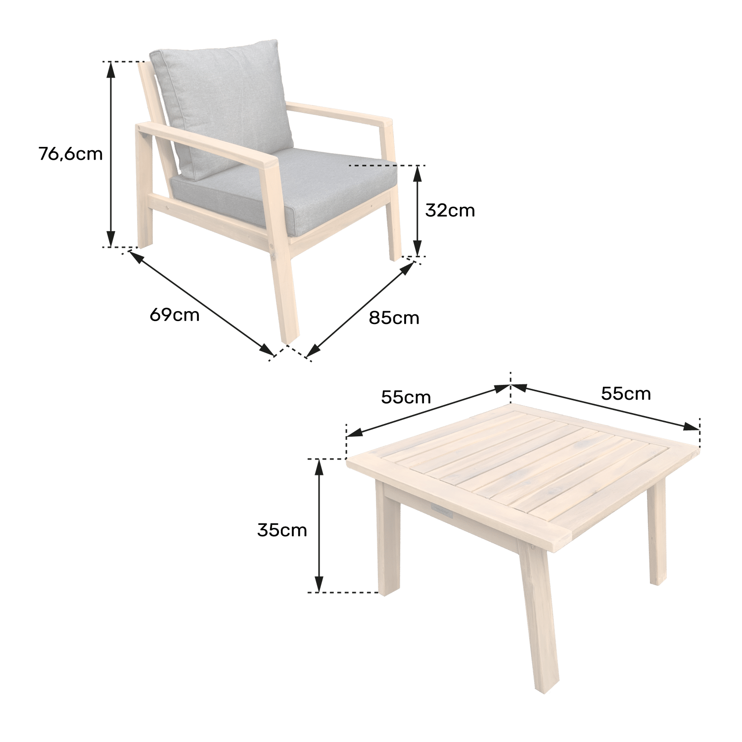 Conjunto de muebles de jardín de acacia 2 plazas TIGA - cojines de arena