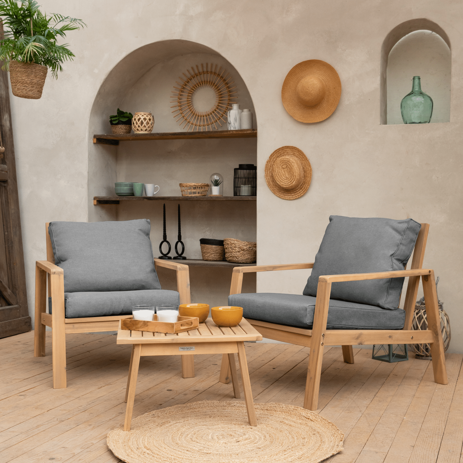 Conjunto de muebles de jardín TIGA de 2 plazas de Acacia - cojines grises