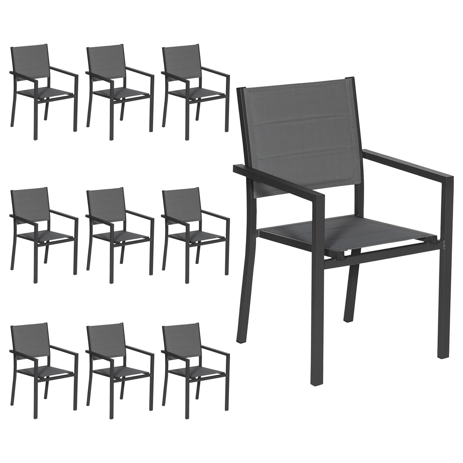 Juego de 10 sillas tapizadas de aluminio antracita - textileno gris