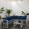 Salon de jardin modulable IBIZA en tissu bleu 4 places - aluminium blanc