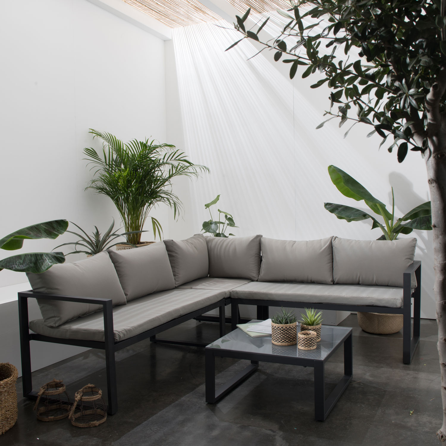 Salon de jardin modulable IBIZA en tissu gris 4 places - aluminium anthracite