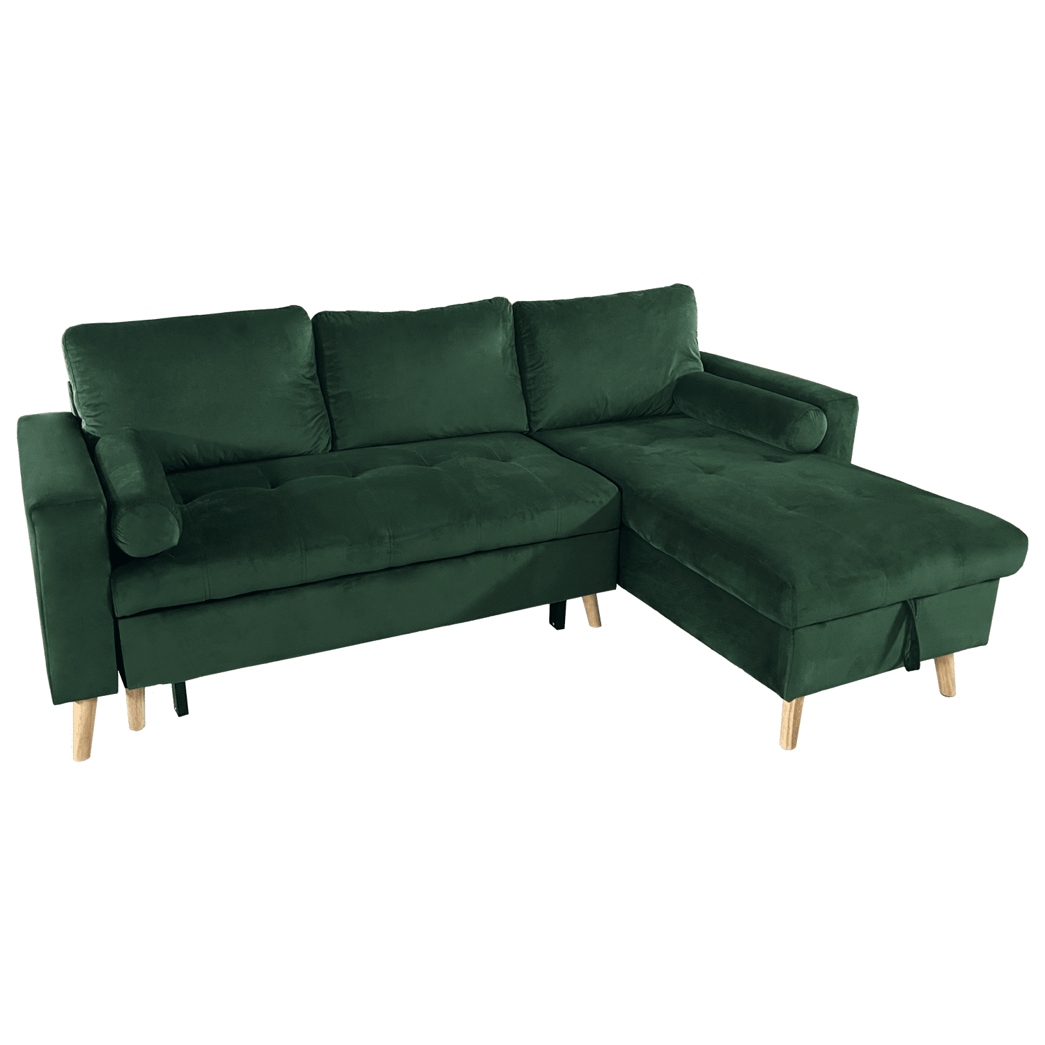 Sofá cama esquinero de 3 plazas JAMES de terciopelo verde