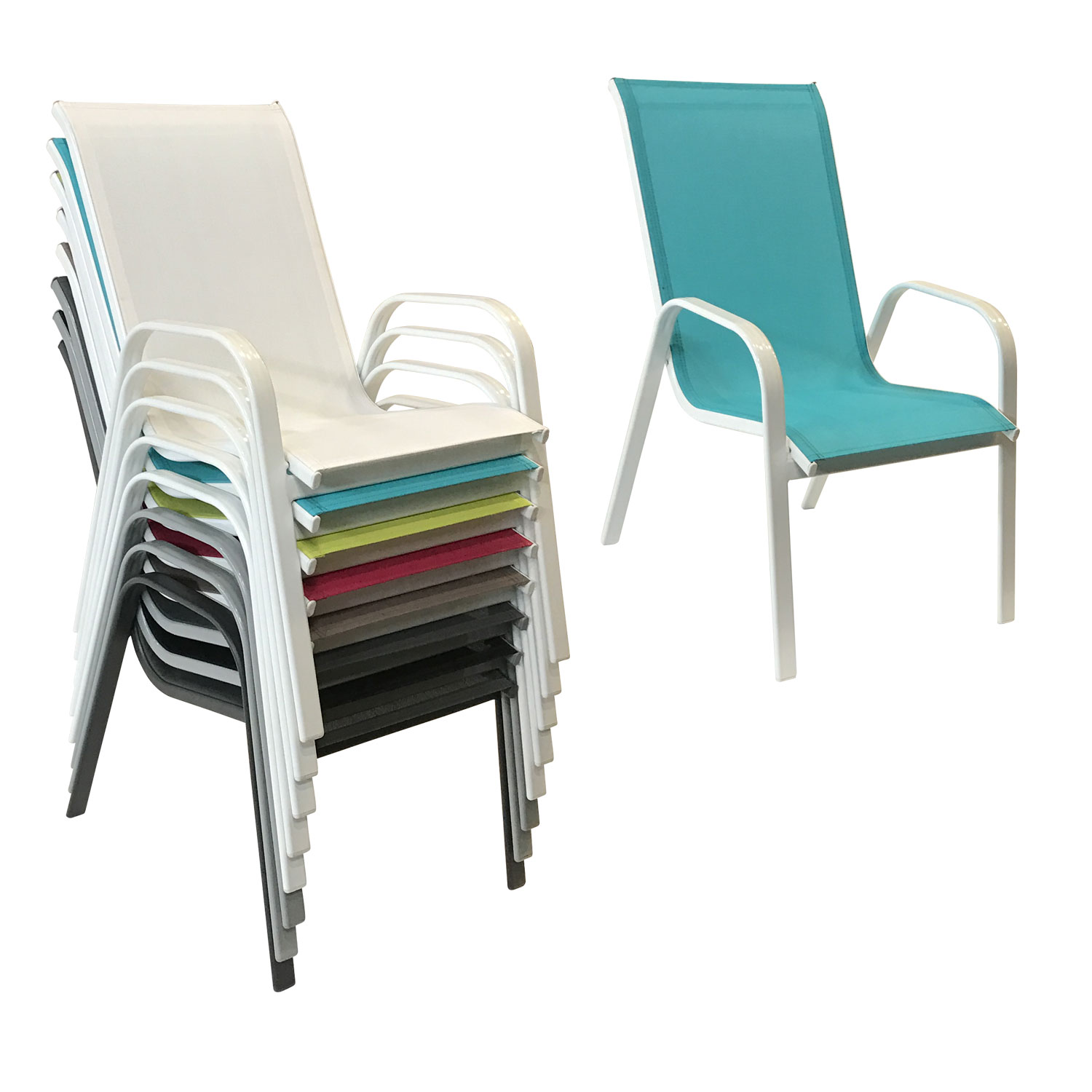 Lote de 8 sillas MARBELLA en textileno azul - aluminio blanco